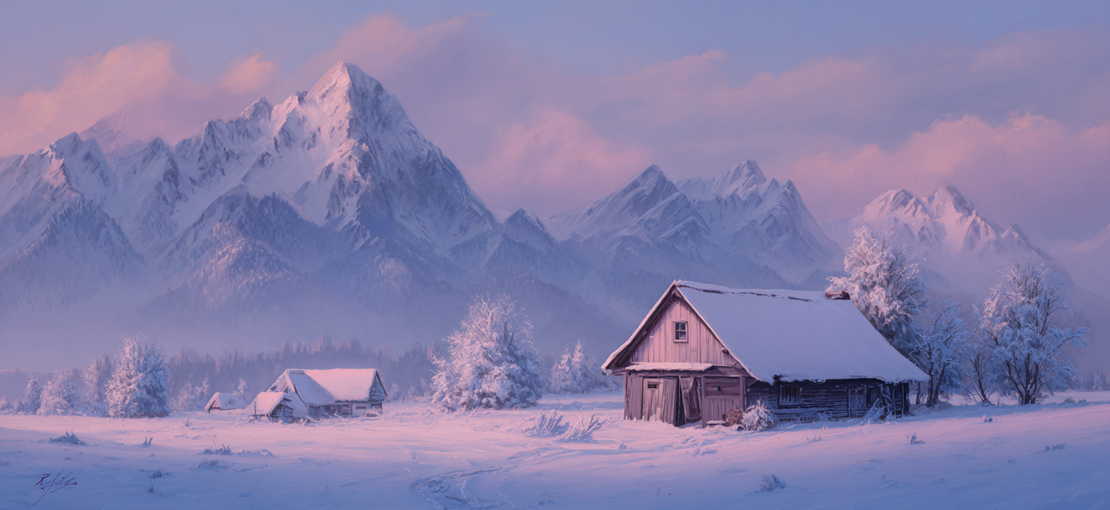 Landschaft Mit Hütten Und Bergen In Der Dämmerung | Winter | Jahreszeiten