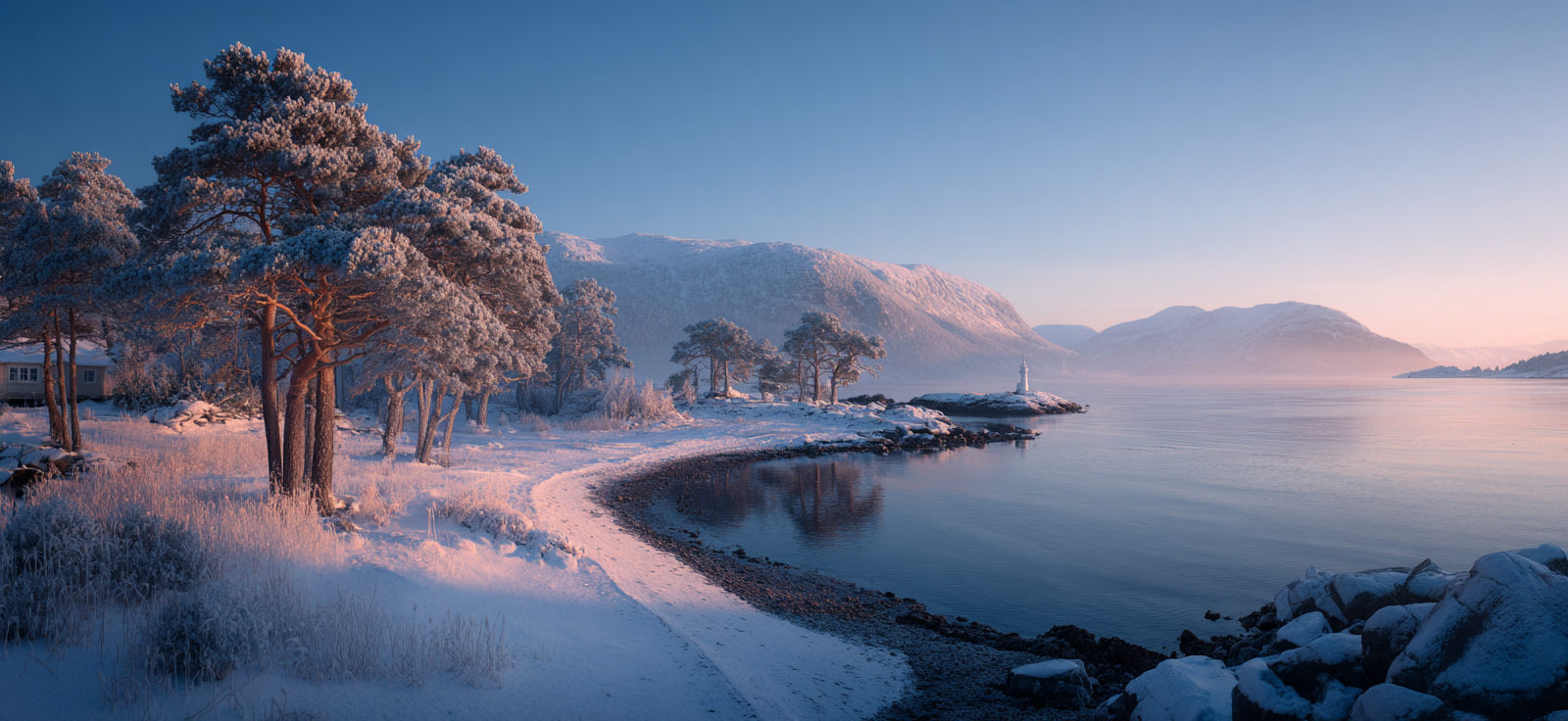 Landschaft Mit Leuchtturm Und Reflexionen | Winter | Jahreszeiten