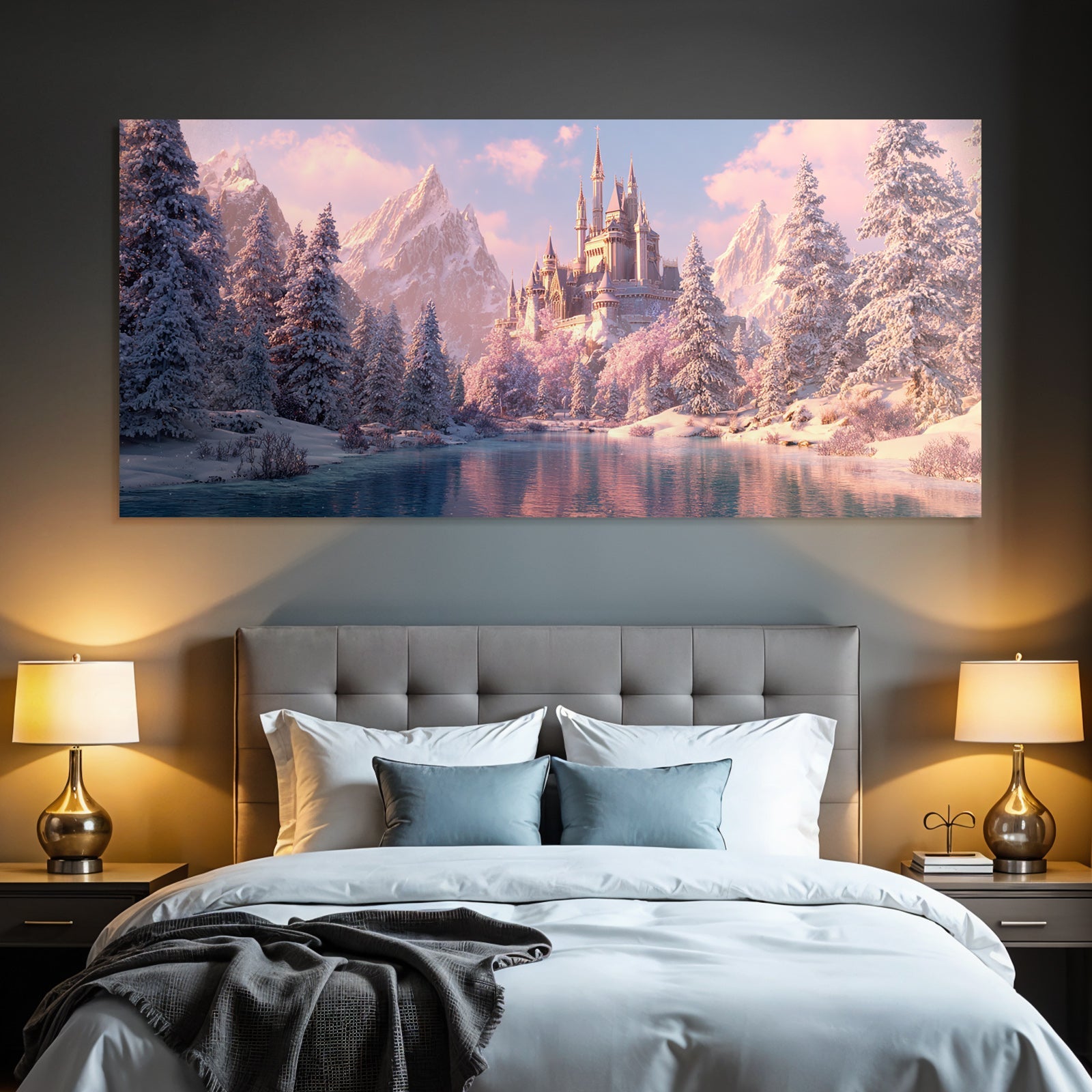 Landschaft Mit Schloss Und Schneeberg Und Fluss