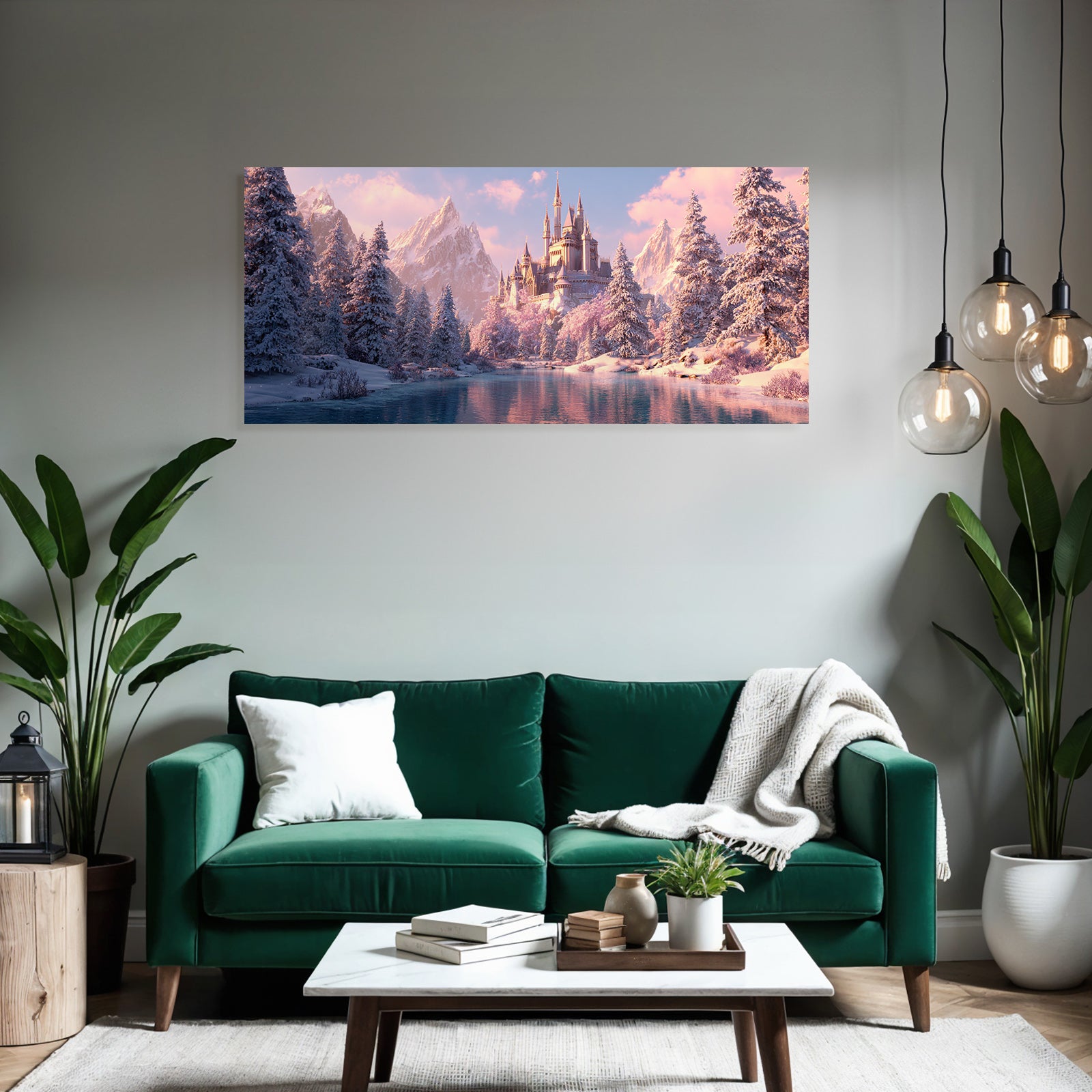 Landschaft Mit Schloss Und Schneeberg Und Fluss