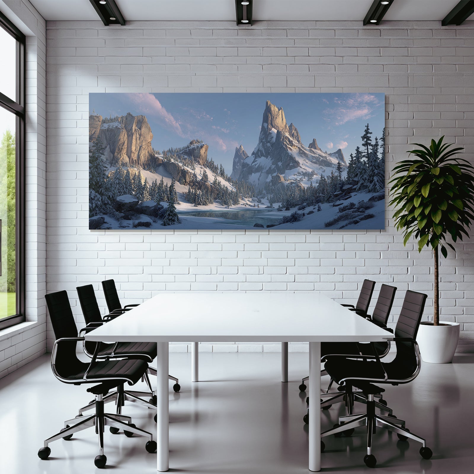 Landschaft Mit Schneebedeckten Bergen Tannen Baum Und Ruhevollem Wasser