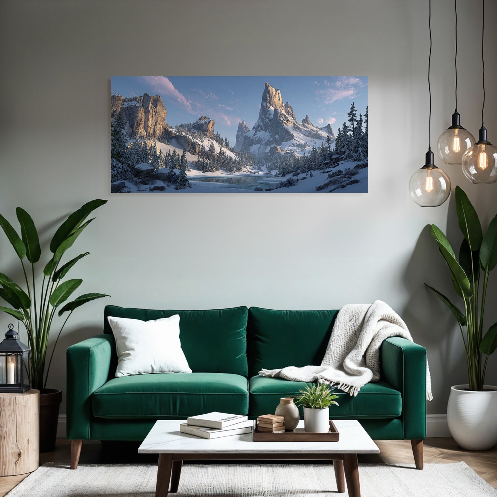 Landschaft Mit Schneebedeckten Bergen Tannen Baum Und Ruhevollem Wasser