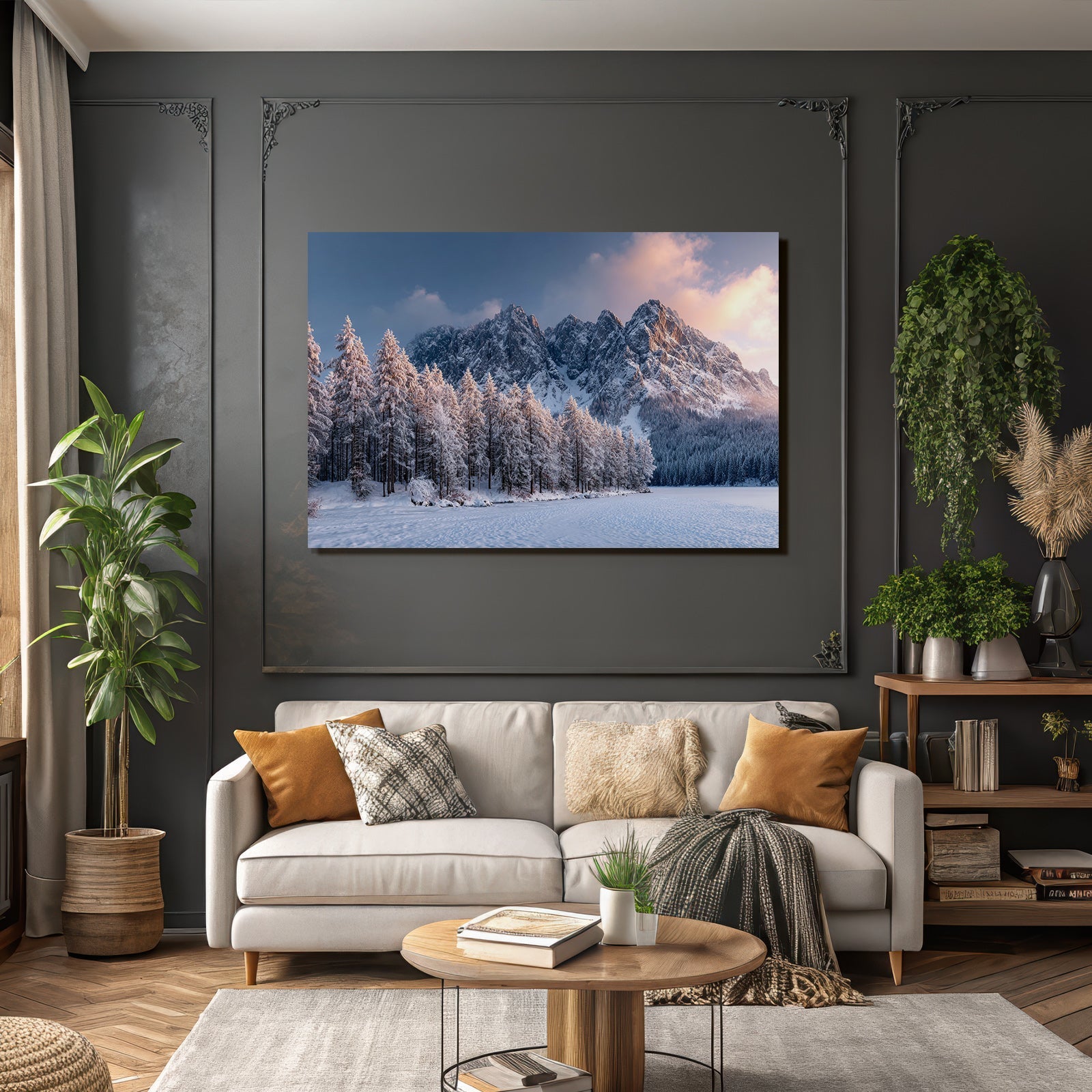 Landschaft Mit Schneebedeckten Bergen Und Baumern