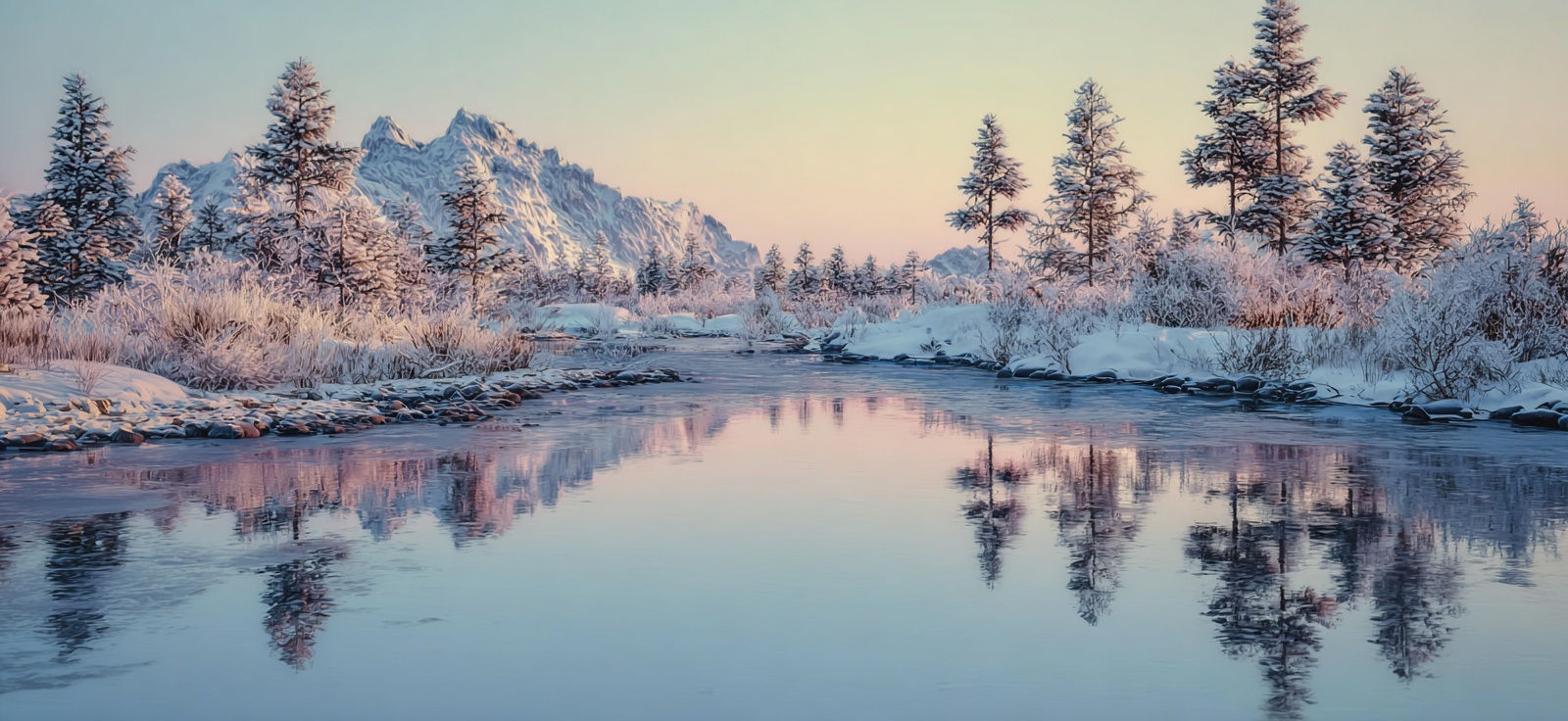 Landschaft Mit Schneebedeckten Bergen Und Fluss | Winter | Jahreszeiten