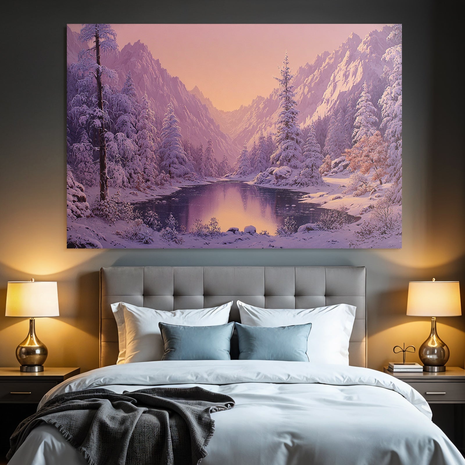 Landschaft Mit Schneebedeckten Bergen Und Ruhigem Wasser