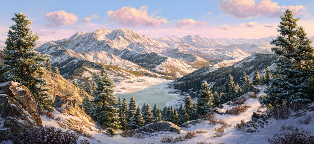 Landschaft Mit Schneebedeckten Bergen Und See | Winter | Jahreszeiten