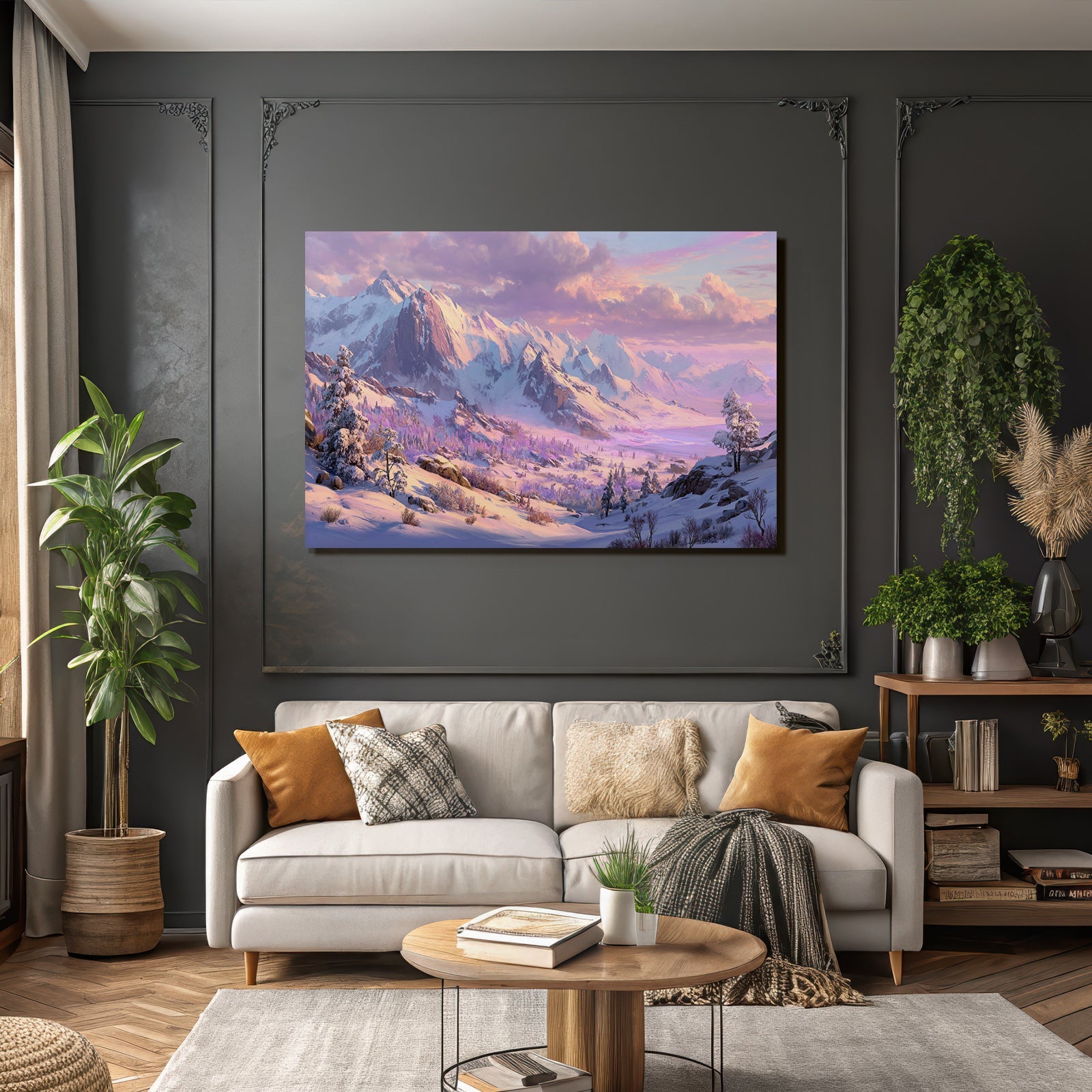 Landschaft Mit Schneebedeckten Bergen Und Valley Sanftes Licht