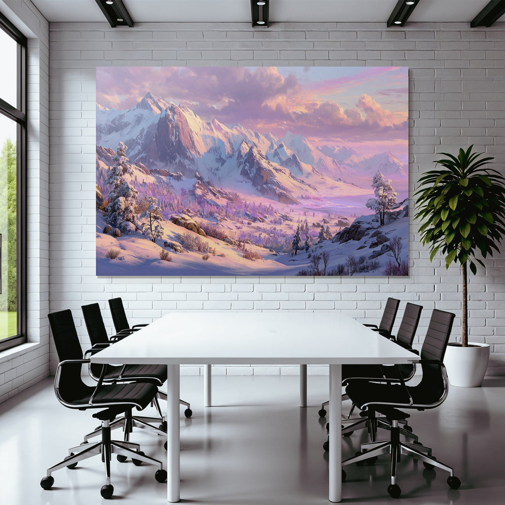 Landschaft Mit Schneebedeckten Bergen Und Valley Sanftes Licht
