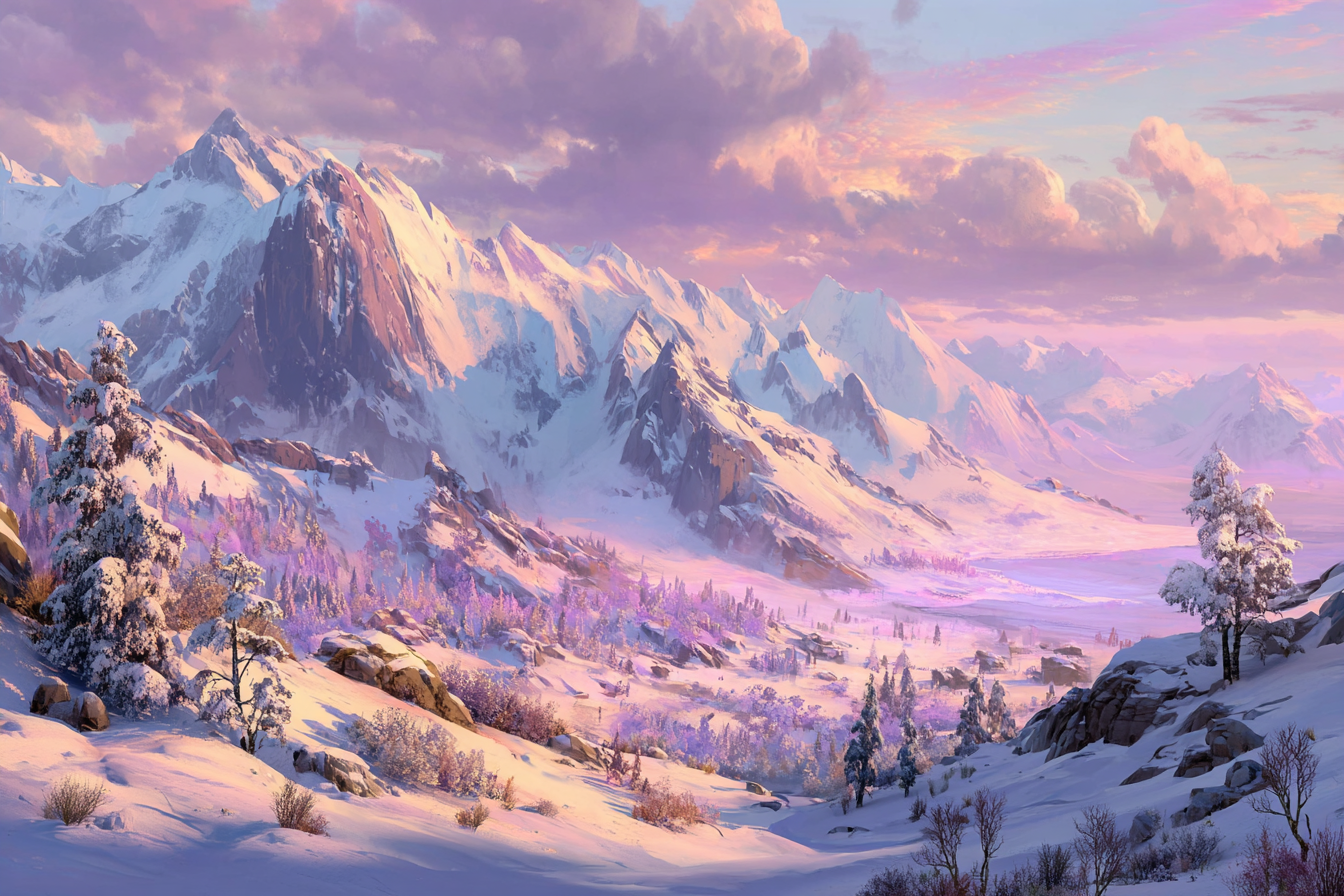 Landschaft Mit Schneebedeckten Bergen Und Valley Sanftes Licht | Winter | Jahreszeiten
