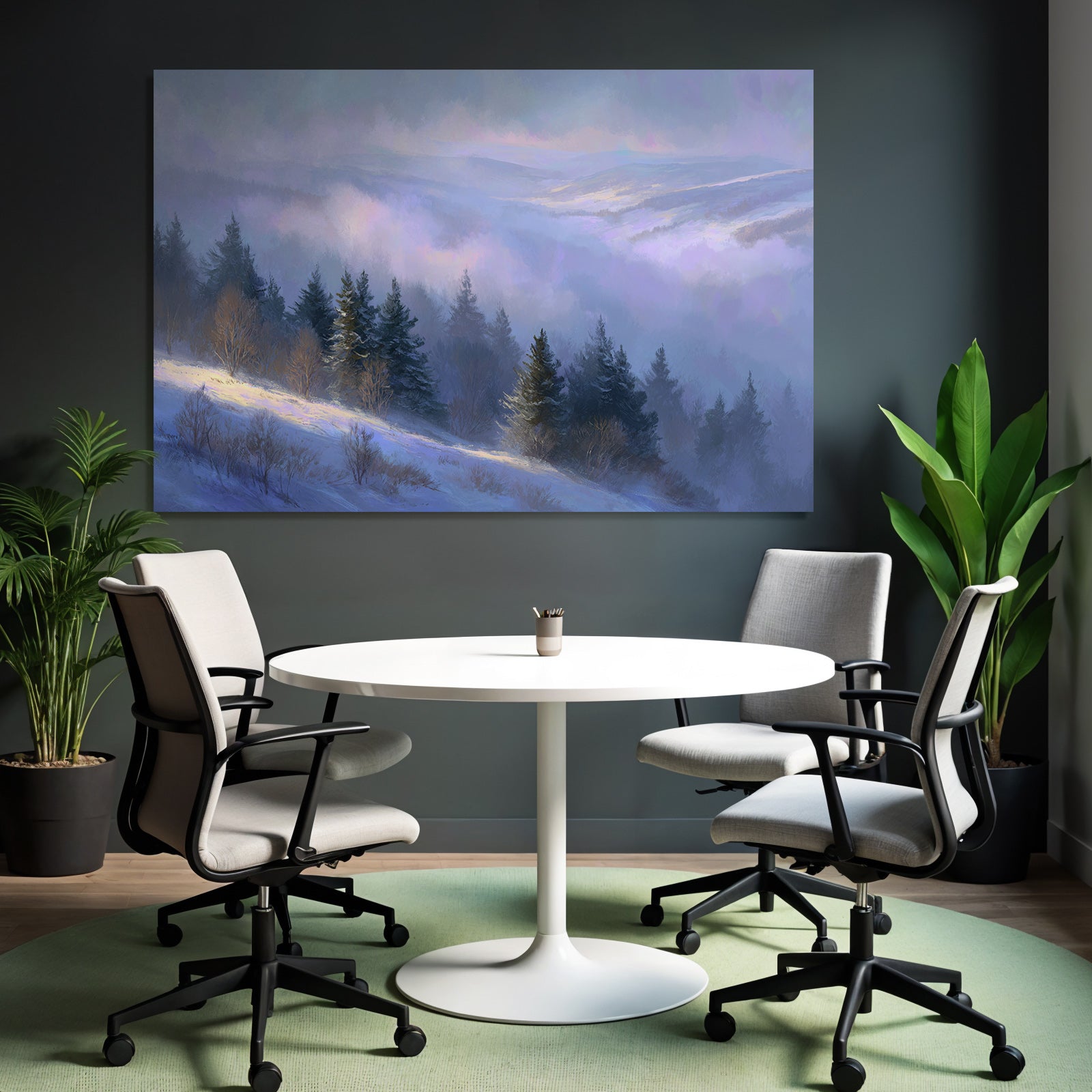 Landschaft Mit Schneebedeckten Hügeln Und Nebel