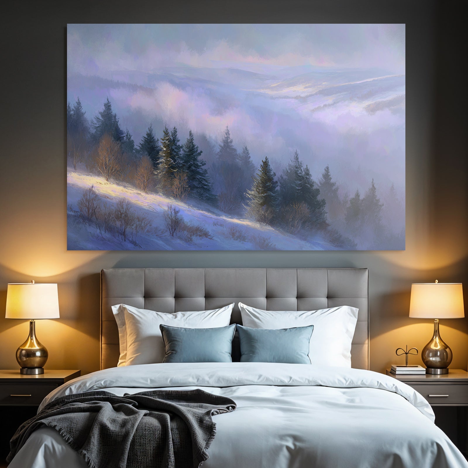 Landschaft Mit Schneebedeckten Hügeln Und Nebel