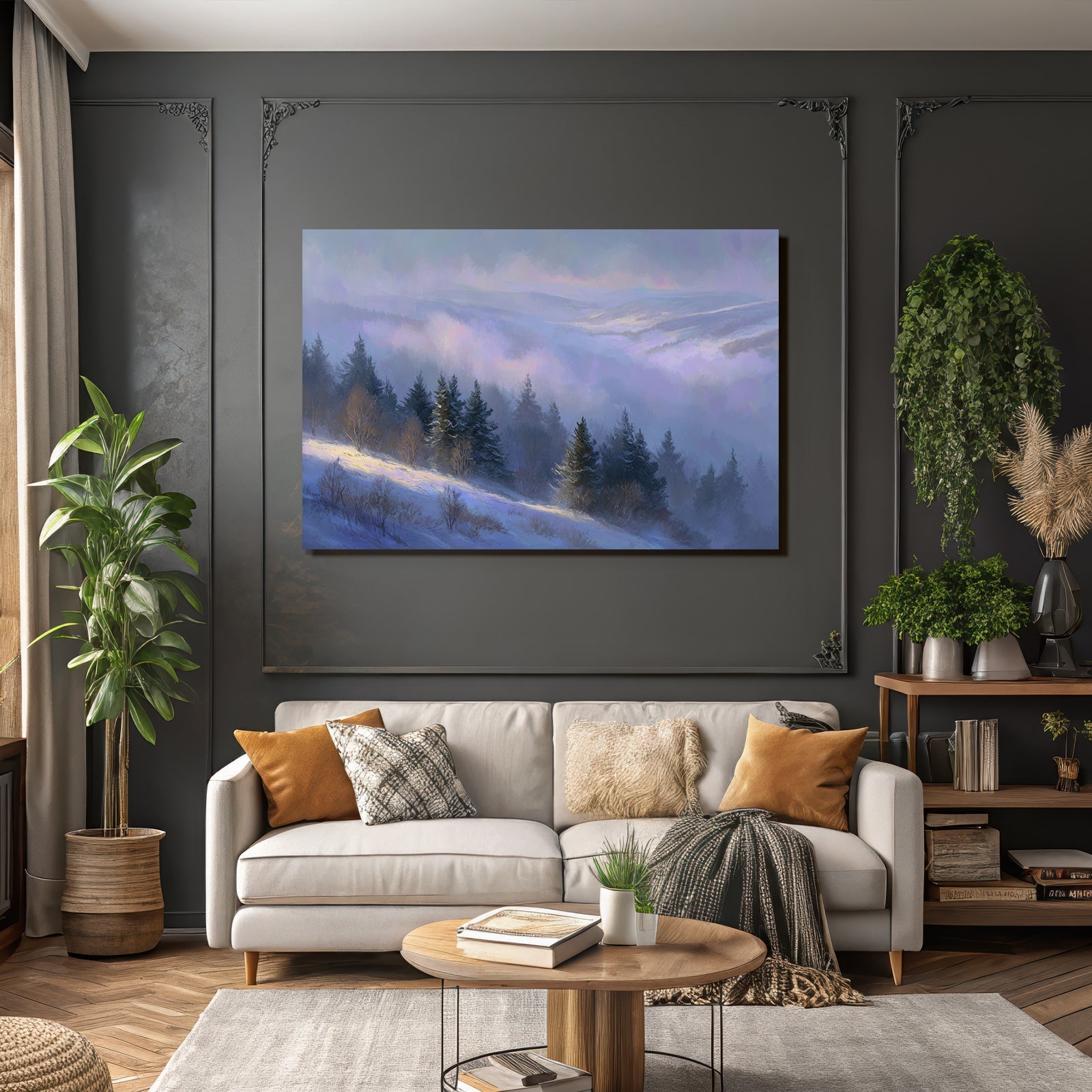 Landschaft Mit Schneebedeckten Hügeln Und Nebel