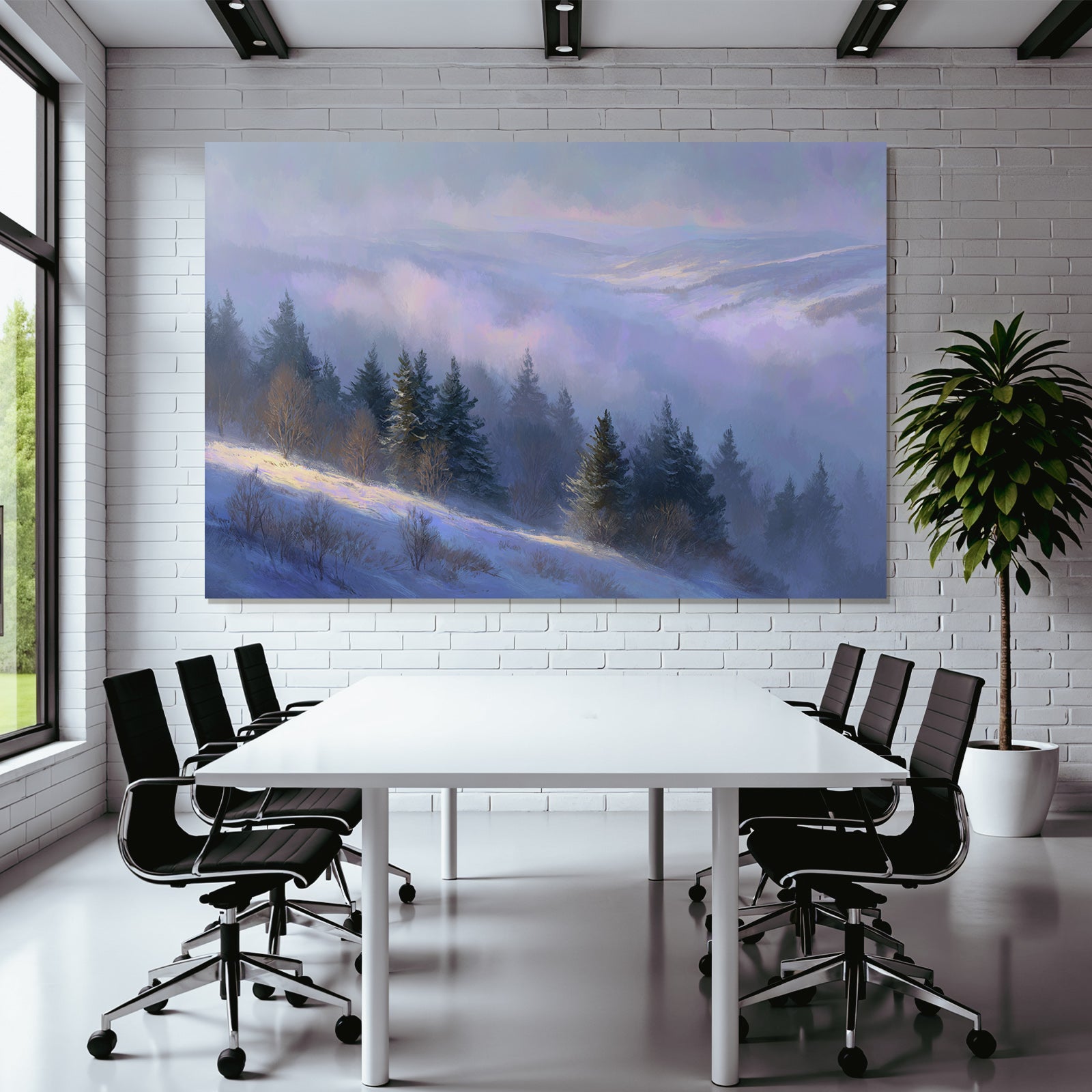 Landschaft Mit Schneebedeckten Hügeln Und Nebel
