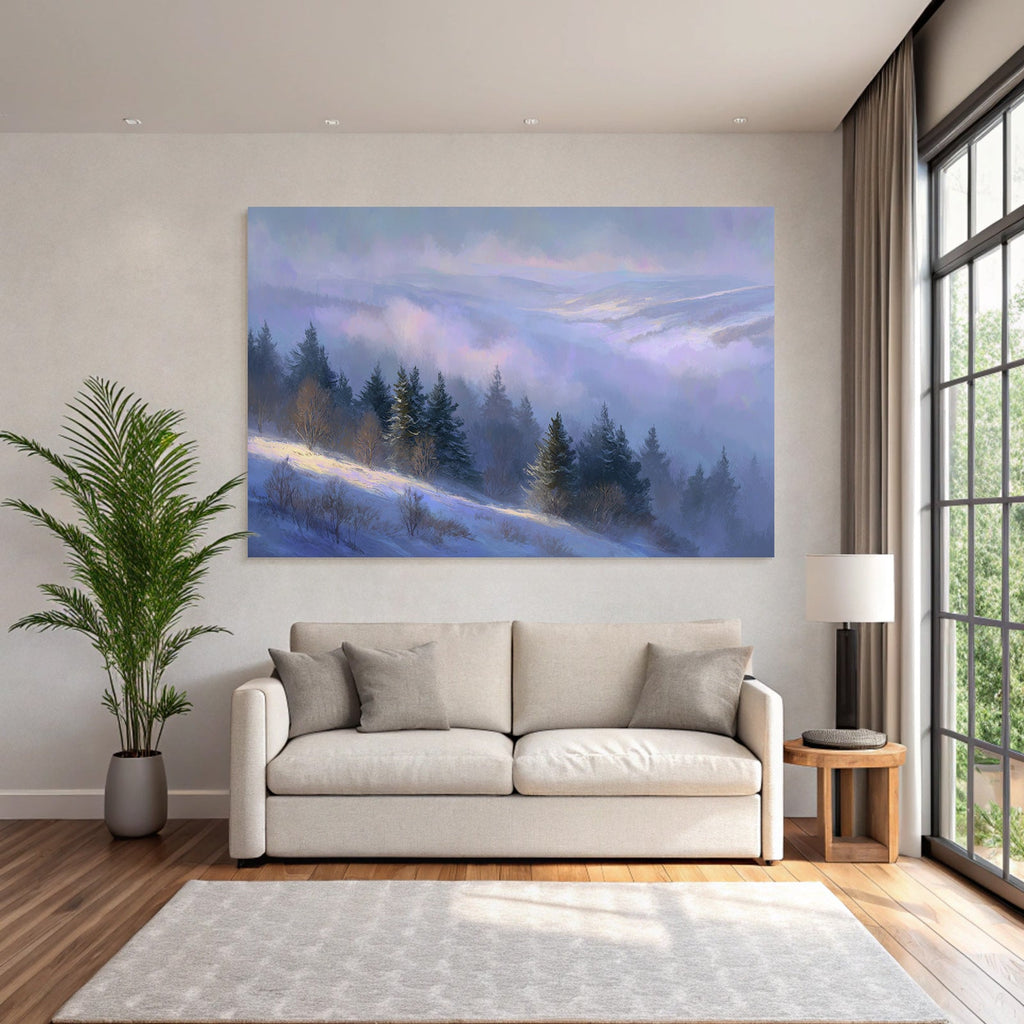 Landschaft Mit Schneebedeckten Hügeln Und Nebel