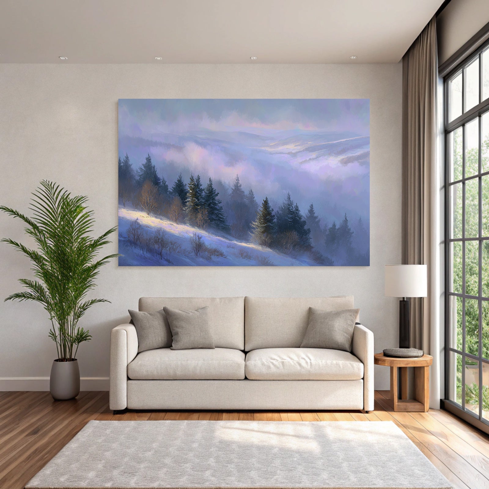 Landschaft Mit Schneebedeckten Hügeln Und Nebel