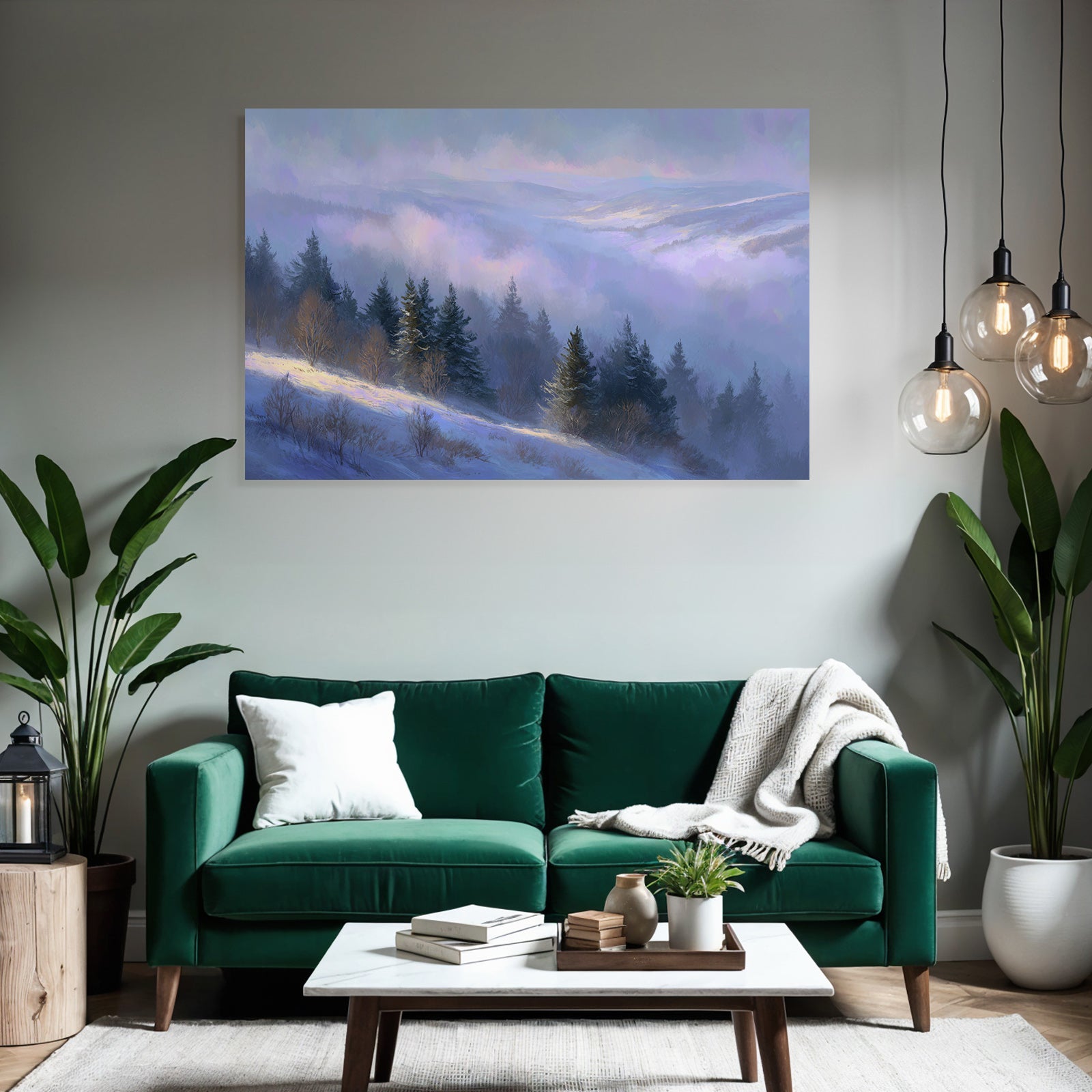 Landschaft Mit Schneebedeckten Hügeln Und Nebel