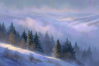 Landschaft Mit Schneebedeckten Hügeln Und Nebel | Winter | Jahreszeiten