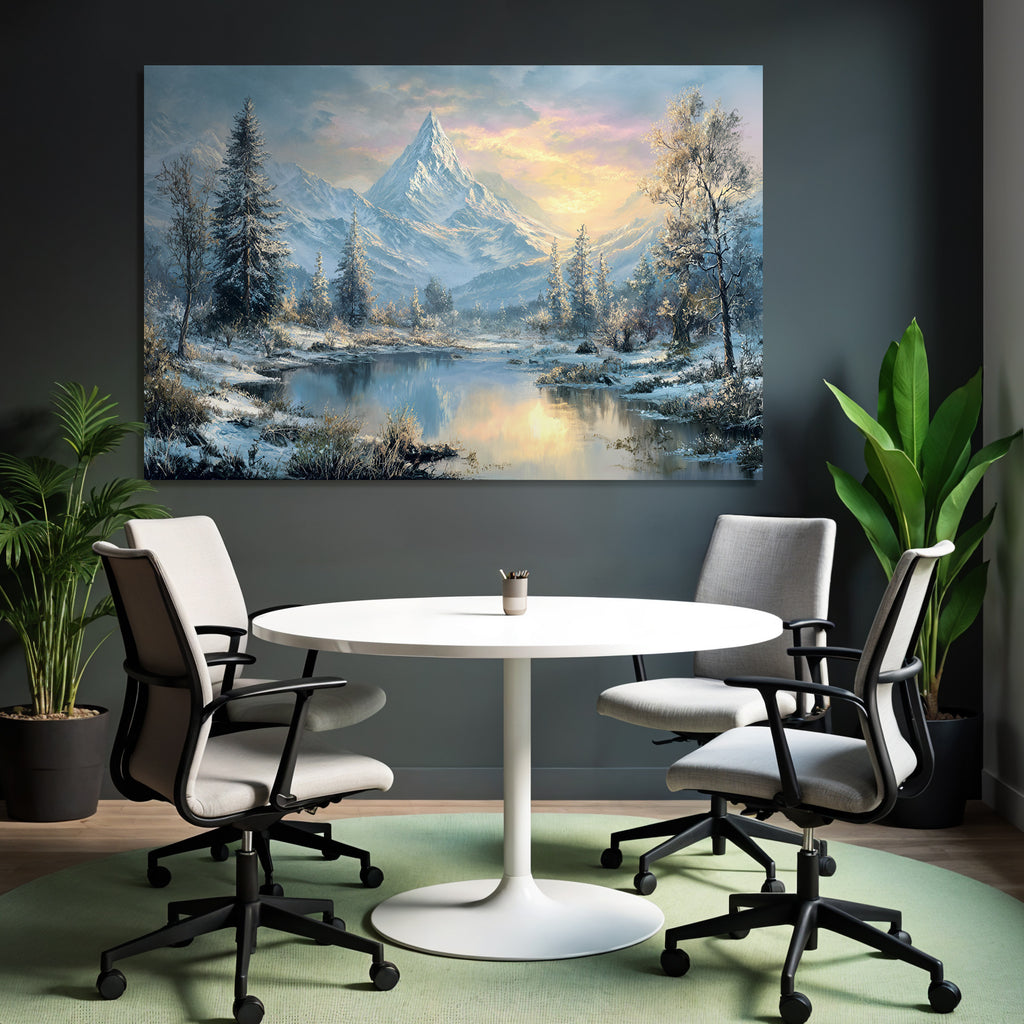 Landschaft Schneeberge Evergreen Bäume Ruhiger Wasseroberfläche Sonnenaufgang Sonnenuntergang