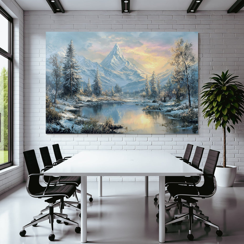 Landschaft Schneeberge Evergreen Bäume Ruhiger Wasseroberfläche Sonnenaufgang Sonnenuntergang
