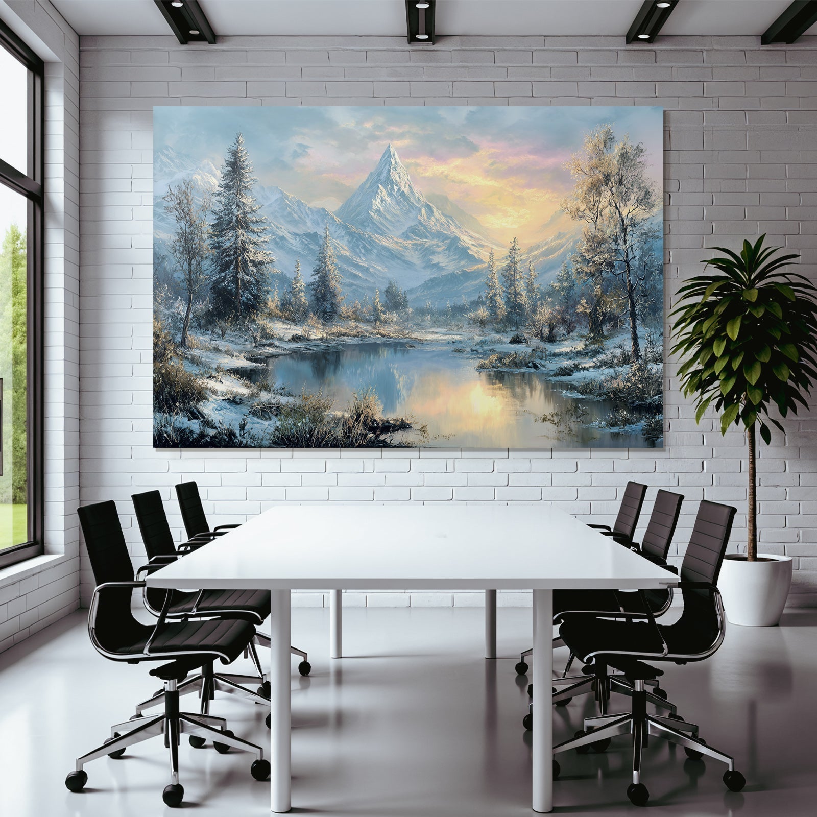 Landschaft Schneeberge Evergreen Bäume Ruhiger Wasseroberfläche Sonnenaufgang Sonnenuntergang