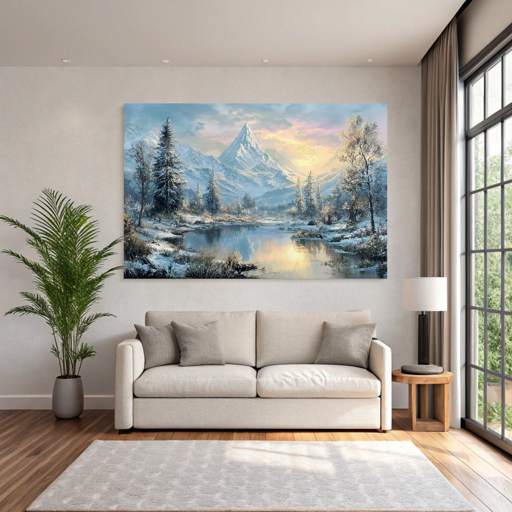 Landschaft Schneeberge Evergreen Bäume Ruhiger Wasseroberfläche Sonnenaufgang Sonnenuntergang