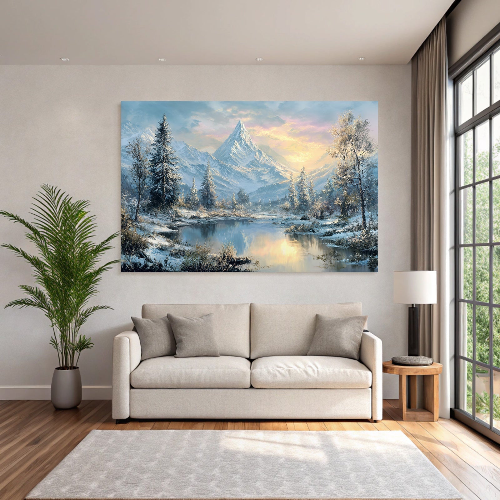 Landschaft Schneeberge Evergreen Bäume Ruhiger Wasseroberfläche Sonnenaufgang Sonnenuntergang