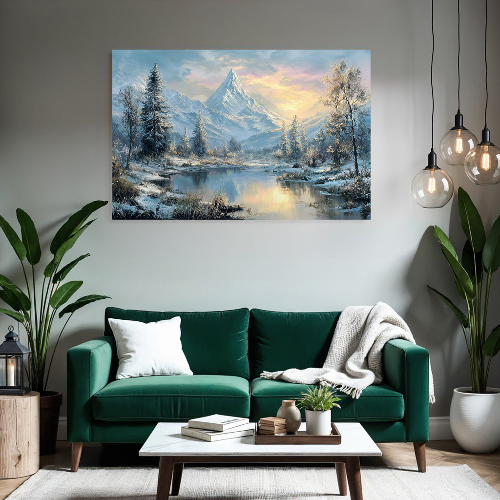 Landschaft Schneeberge Evergreen Bäume Ruhiger Wasseroberfläche Sonnenaufgang Sonnenuntergang
