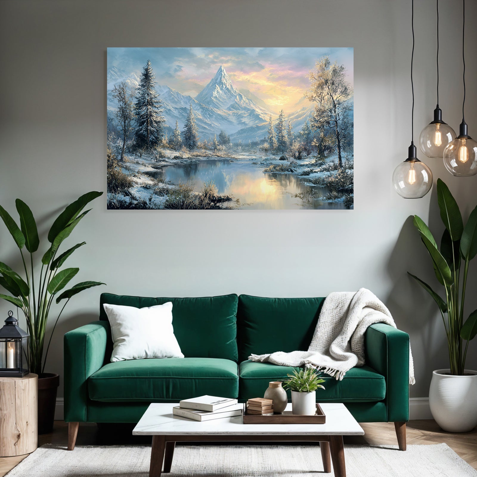 Landschaft Schneeberge Evergreen Bäume Ruhiger Wasseroberfläche Sonnenaufgang Sonnenuntergang