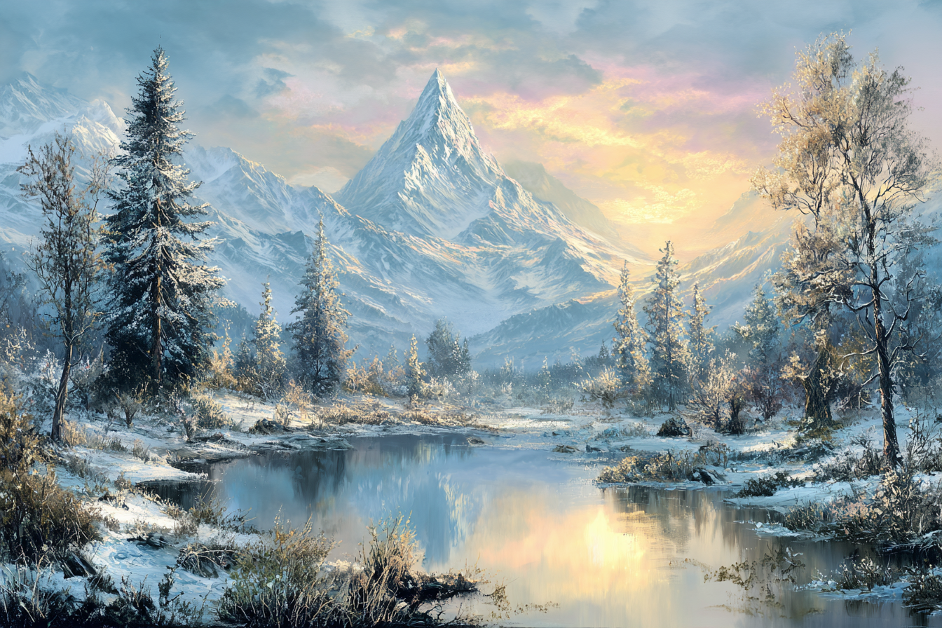 Landschaft Schneeberge Evergreen Bäume Ruhiger Wasseroberfläche Sonnenaufgang Sonnenuntergang | Winter | Jahreszeiten