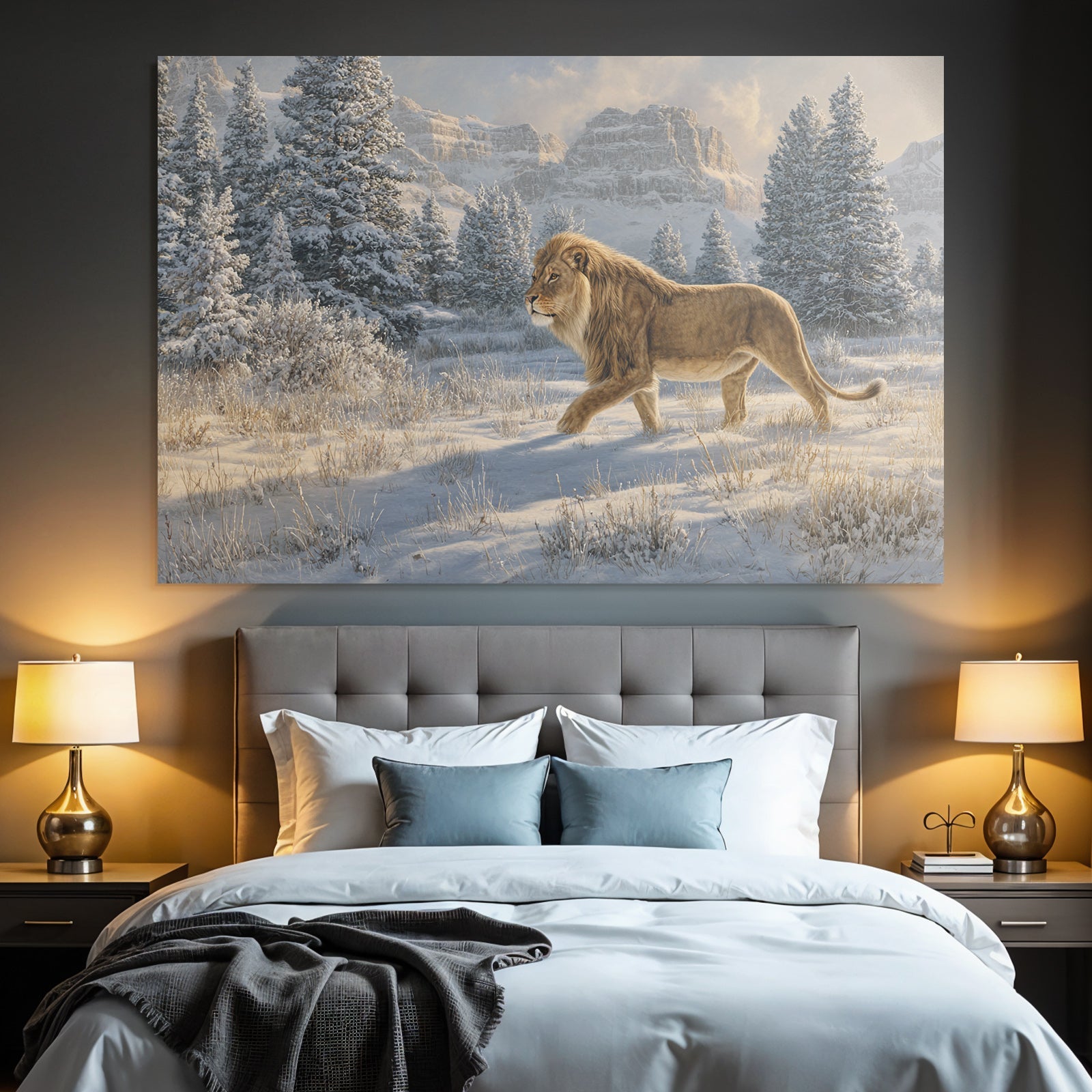 Lion Im Landschaft Mit Tannenbaum Und Bergen