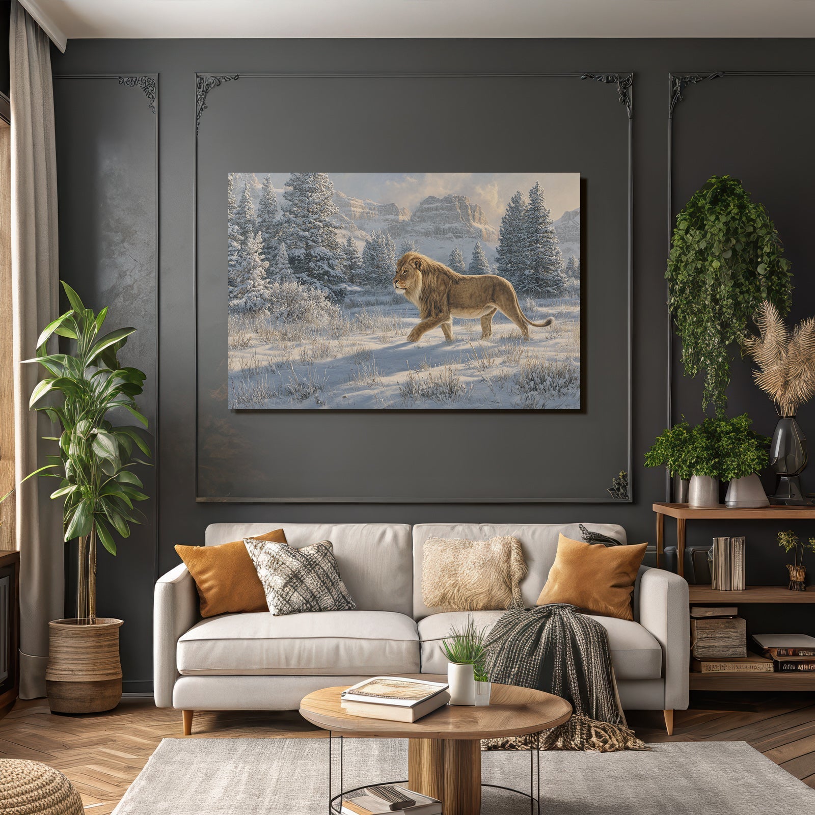 Lion Im Landschaft Mit Tannenbaum Und Bergen