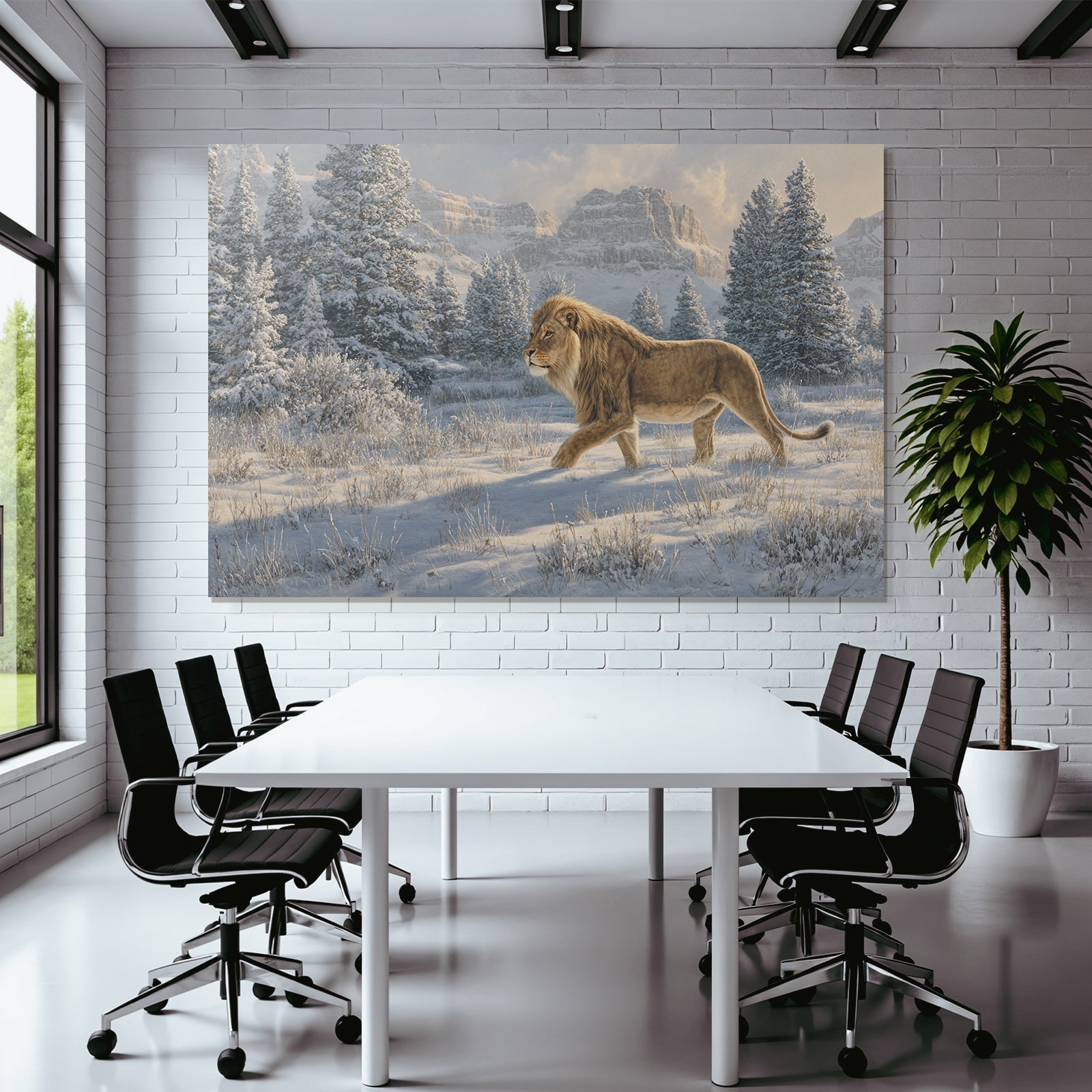 Lion Im Landschaft Mit Tannenbaum Und Bergen