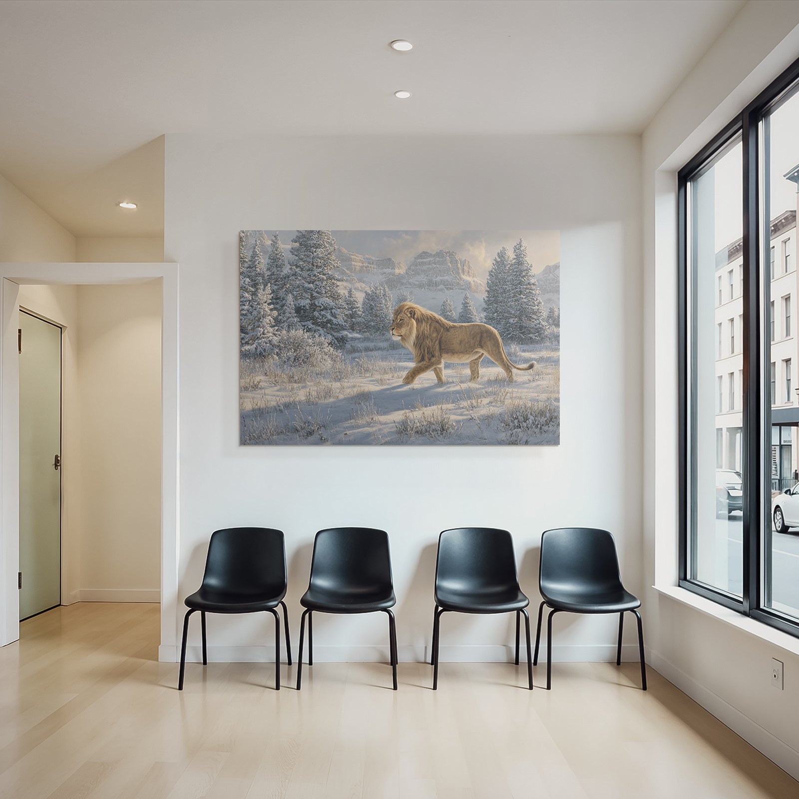 Lion Im Landschaft Mit Tannenbaum Und Bergen