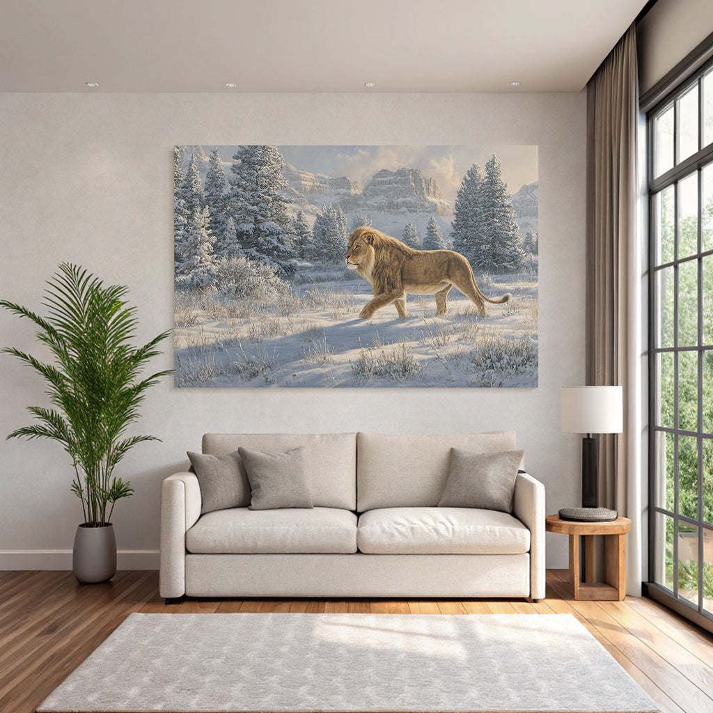 Lion Im Landschaft Mit Tannenbaum Und Bergen