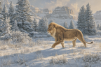 Lion Im Landschaft Mit Tannenbaum Und Bergen | Winter | Jahreszeiten