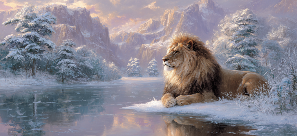 Lion In Schneelandschaft Mit Bergen Reflektierendes Wasser | Winter | Jahreszeiten