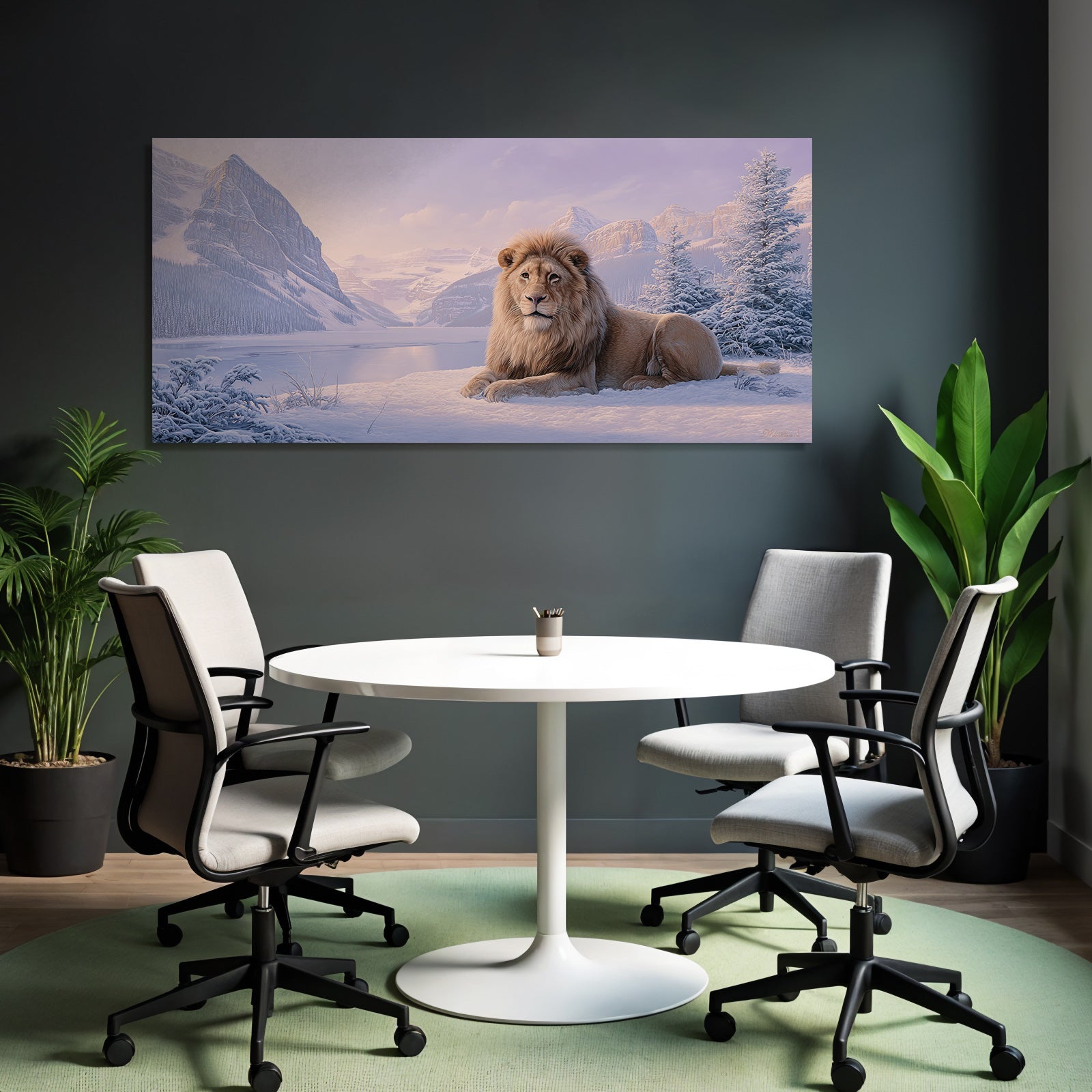 Löwe Ruhend In Einer Schneebedeckten Landschaft