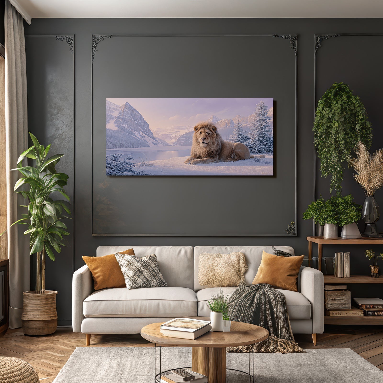 Löwe Ruhend In Einer Schneebedeckten Landschaft