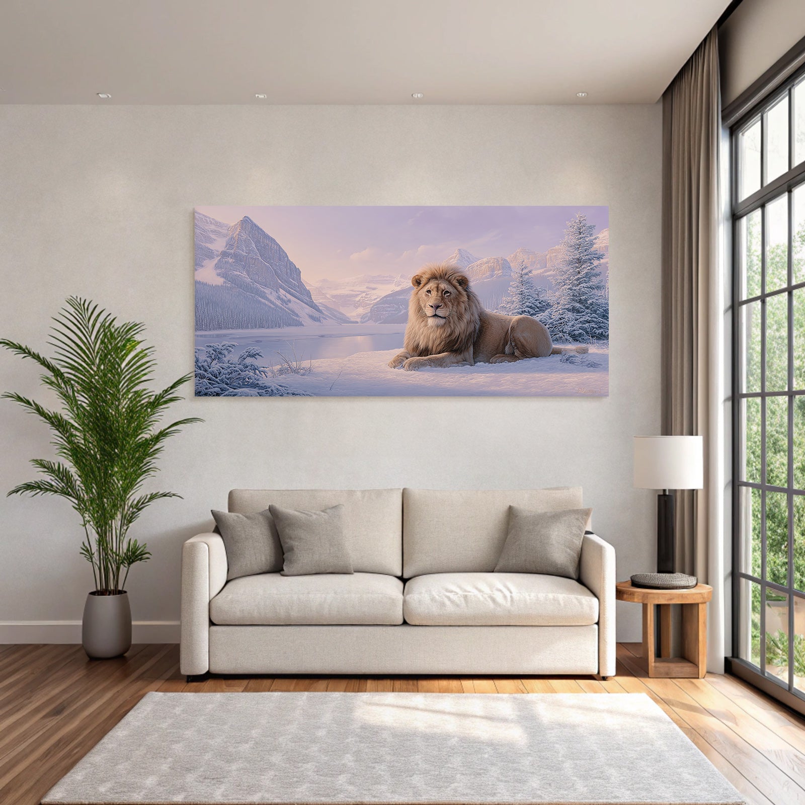 Löwe Ruhend In Einer Schneebedeckten Landschaft
