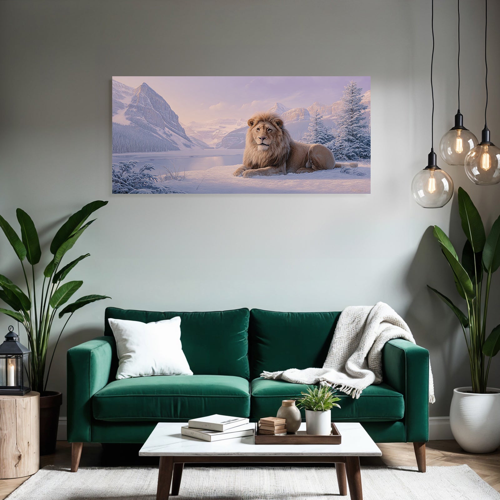 Löwe Ruhend In Einer Schneebedeckten Landschaft