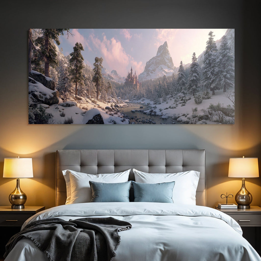 Märchenhafte Landschaft Mit Schloss Und Schneebedeckten Bäumen