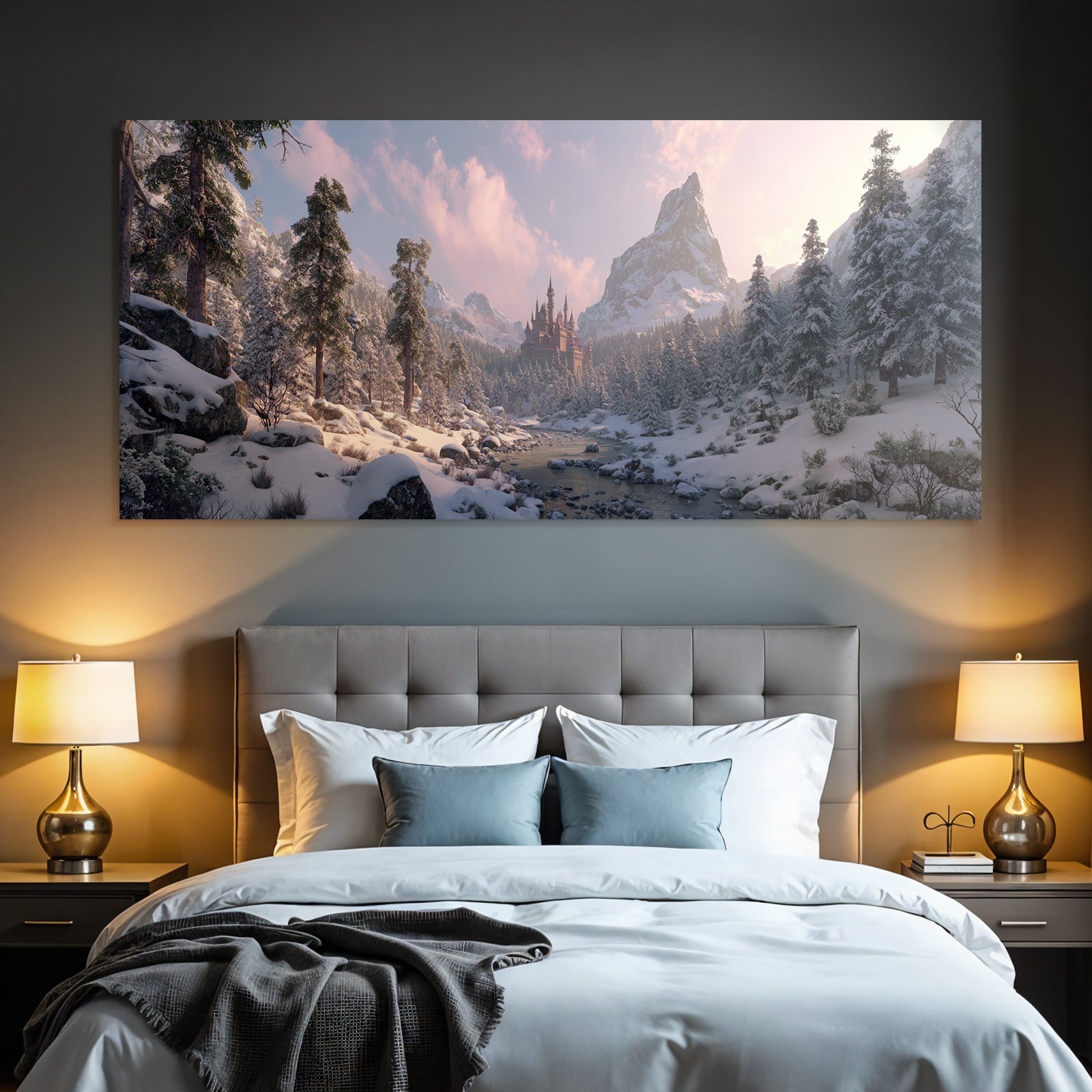 Märchenhafte Landschaft Mit Schloss Und Schneebedeckten Bäumen
