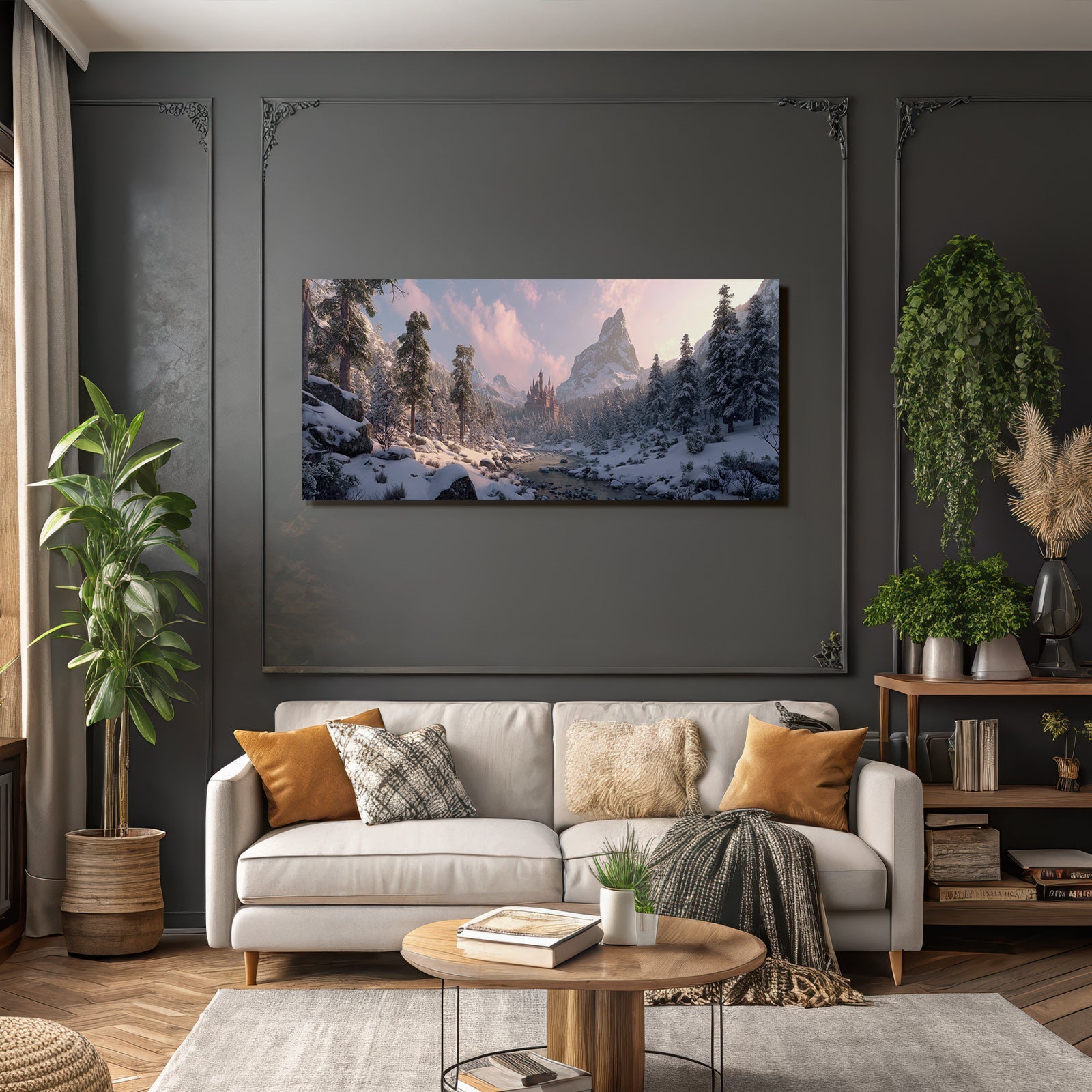 Märchenhafte Landschaft Mit Schloss Und Schneebedeckten Bäumen