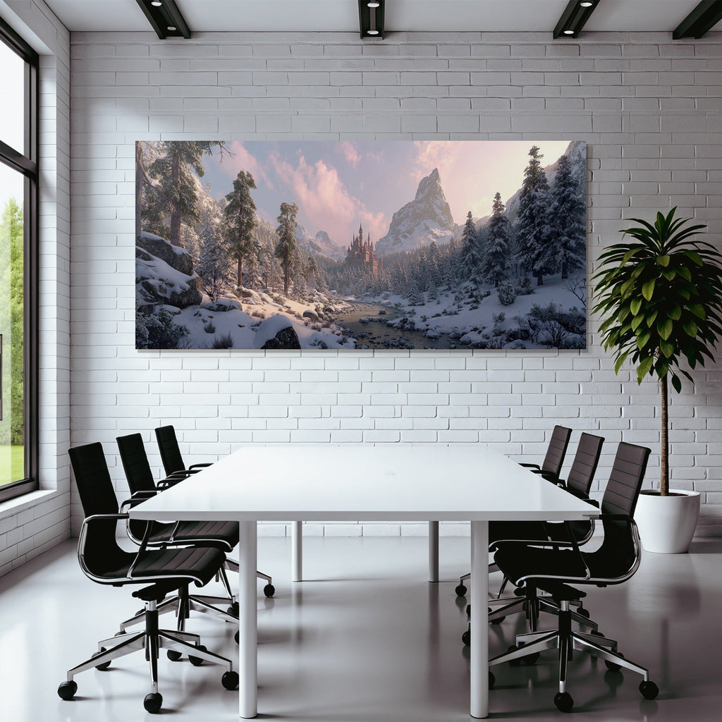 Märchenhafte Landschaft Mit Schloss Und Schneebedeckten Bäumen
