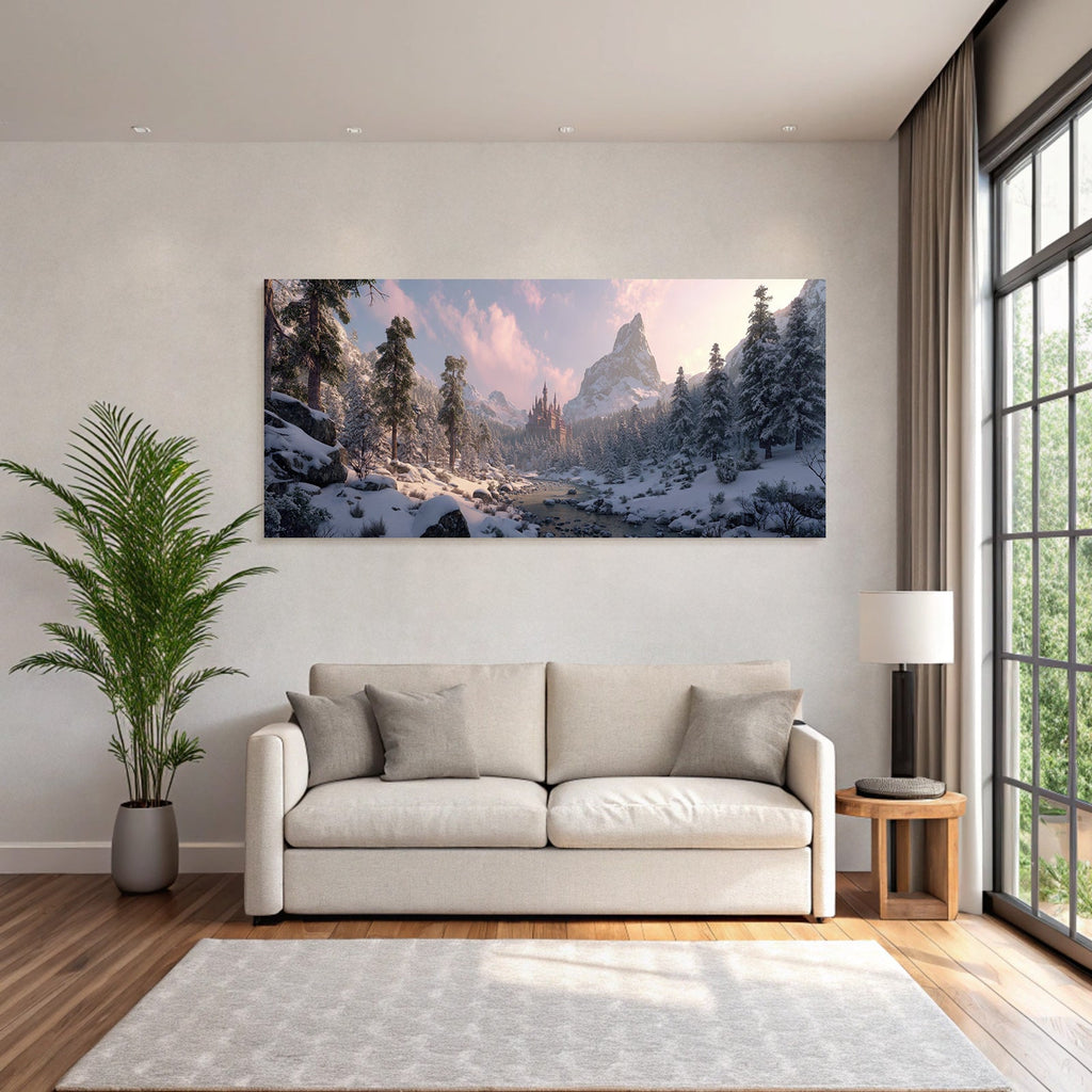 Märchenhafte Landschaft Mit Schloss Und Schneebedeckten Bäumen