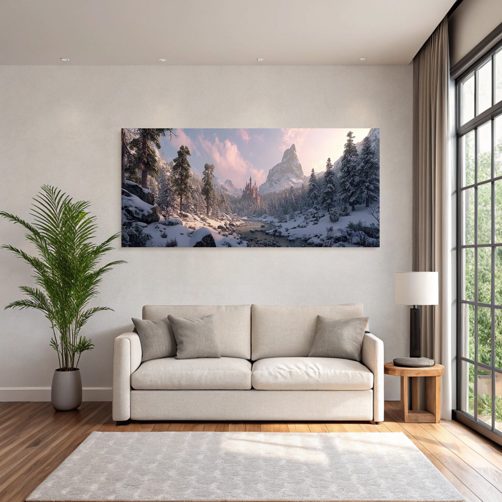 Märchenhafte Landschaft Mit Schloss Und Schneebedeckten Bäumen