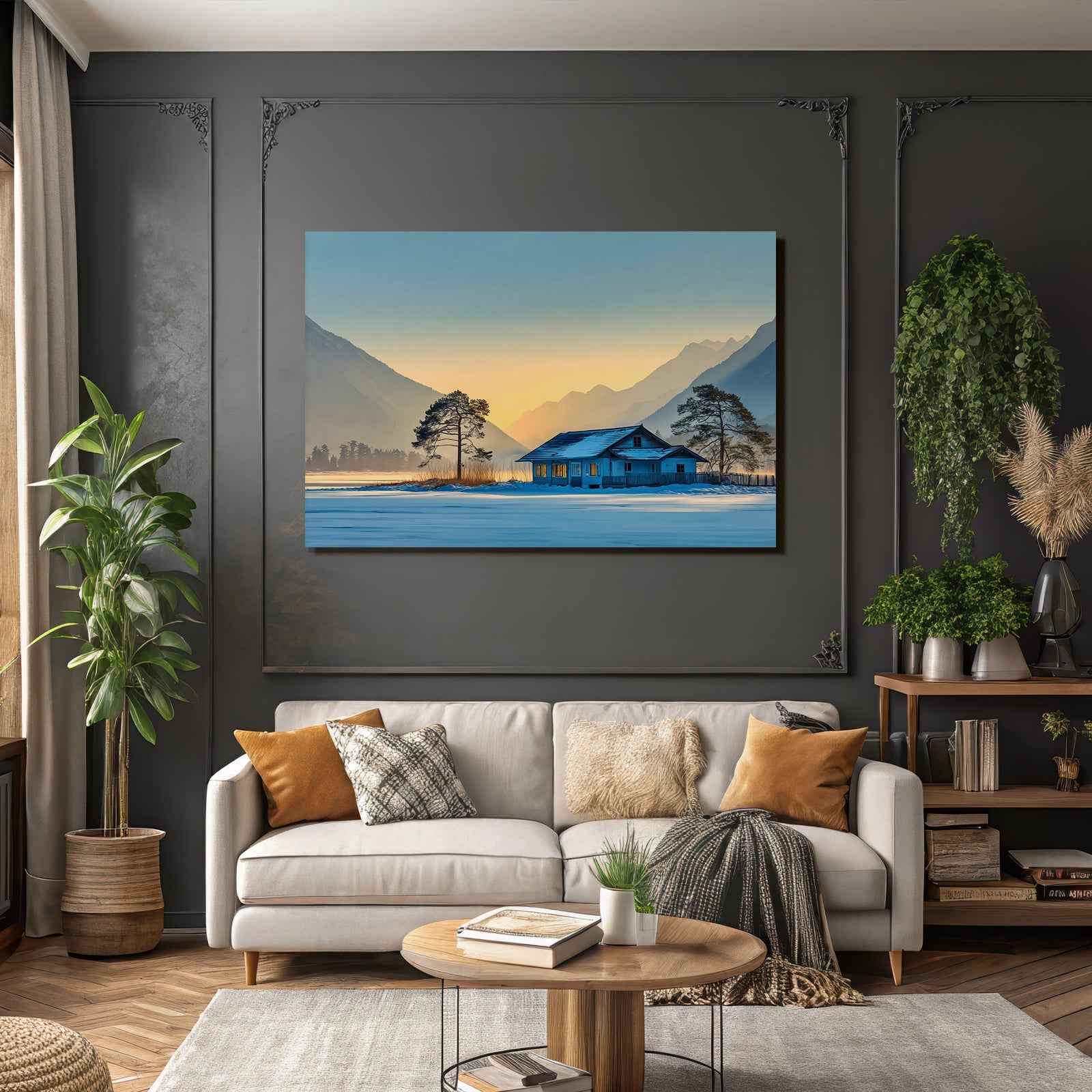 Ruhige Landschaft Hütte Im Schnee Mit Bergen Hinten