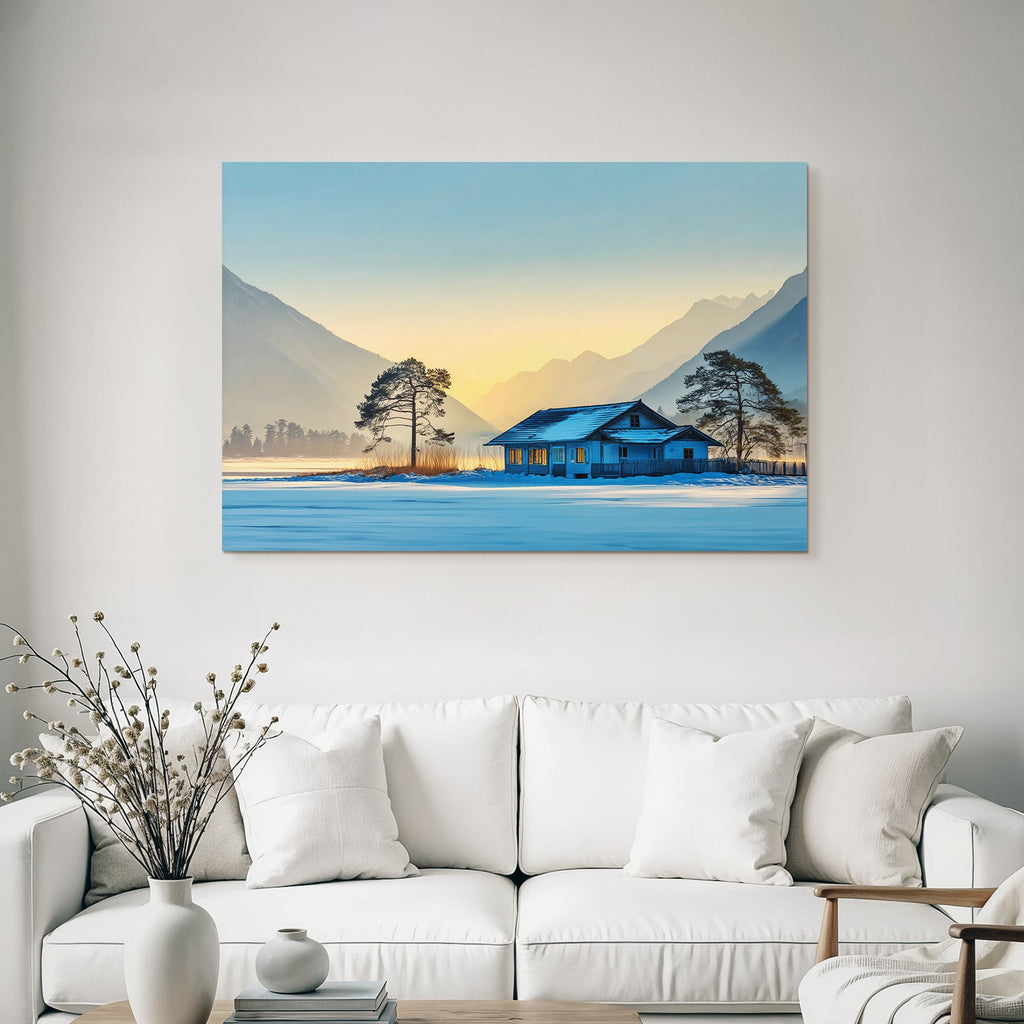 Ruhige Landschaft Hütte Im Schnee Mit Bergen Hinten