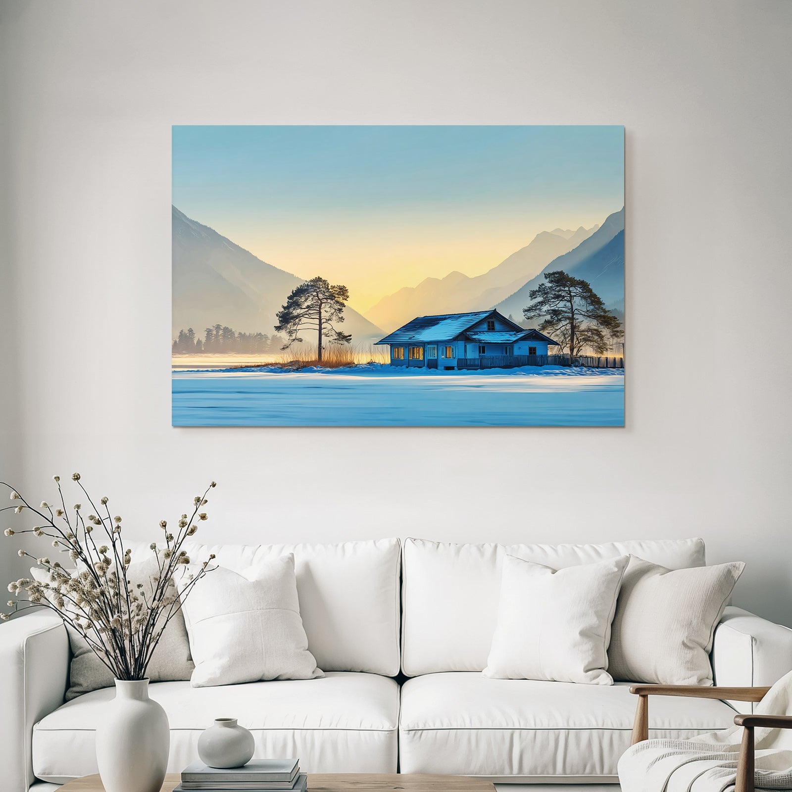 Ruhige Landschaft Hütte Im Schnee Mit Bergen Hinten