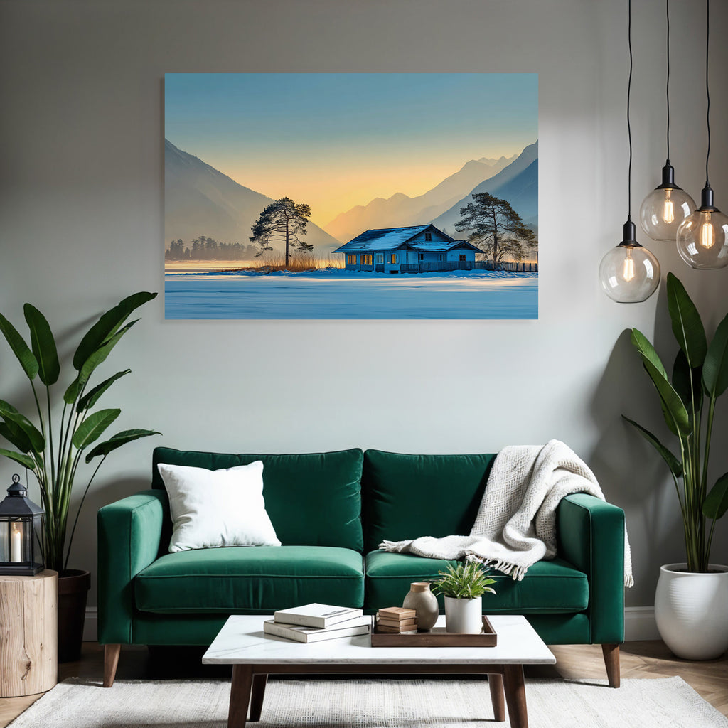 Ruhige Landschaft Hütte Im Schnee Mit Bergen Hinten